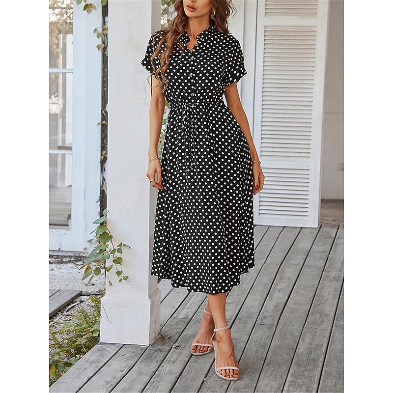 Women's Casual Dress Polka Dot Button Drawstring Shirt Collar Midi Dress Stylish Casual Daily Date Short Sleeve Summer3