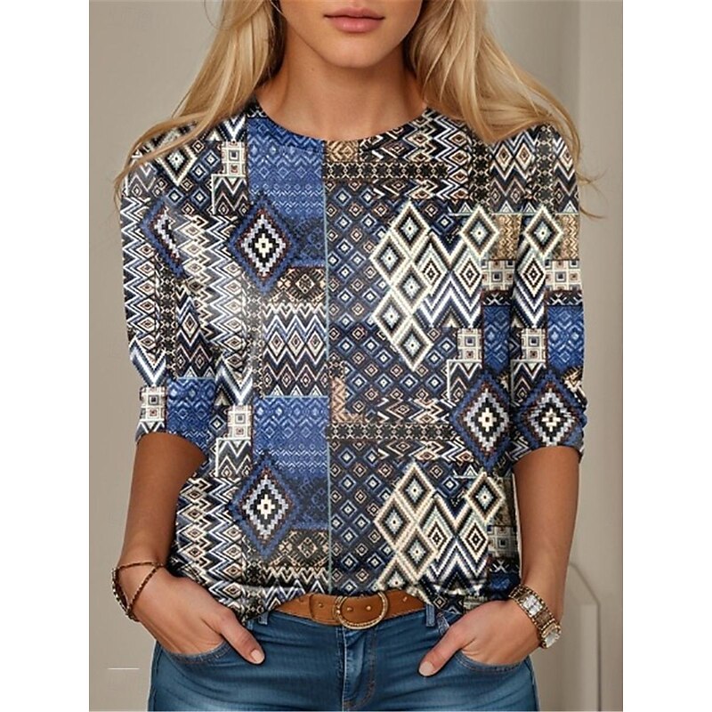 Women's T Shirt Color Block Geometry Fashion Modern Long Sleeve Crew Neck Regular Tops Vacation Daily Print Pink Blue Dark Green Green Spring &  Fall3