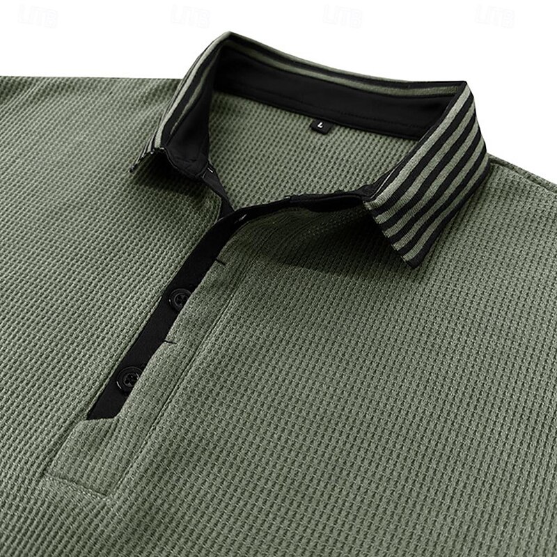 Men's Polo Shirt Waffle Polo Shirt Work Casual Lapel Ribbed Polo Collar Short Sleeve Basic Modern Color Block Patchwork Button Spring & Summer Regular Fit Army Green Black White Burgundy Navy Blue3