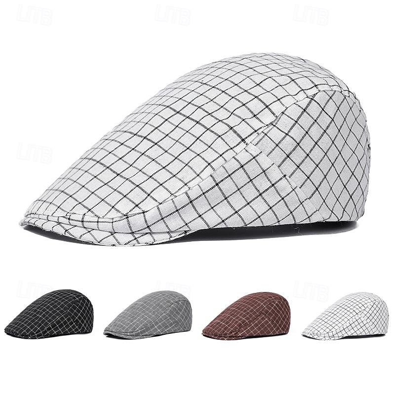 Men's Flat Cap Ascot Hat Newsboy Hat Black White Cotton Fashion Casual Street Daily Plaid Adjustable Sunscreen Breathable
