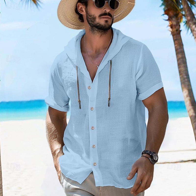 Men's Shirt Summer Shirt Beach Shirt Hooded Shirt Plain Vacation Curise Black White Green Light Blue Short Sleeve Hooded Summer Spring Clothing Apparel