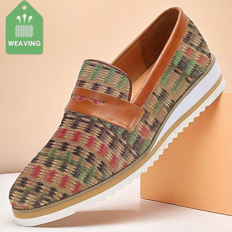 Men's Woven Multicolor Loafers - Stylish Slip-On Casual Shoes with Leather Accents