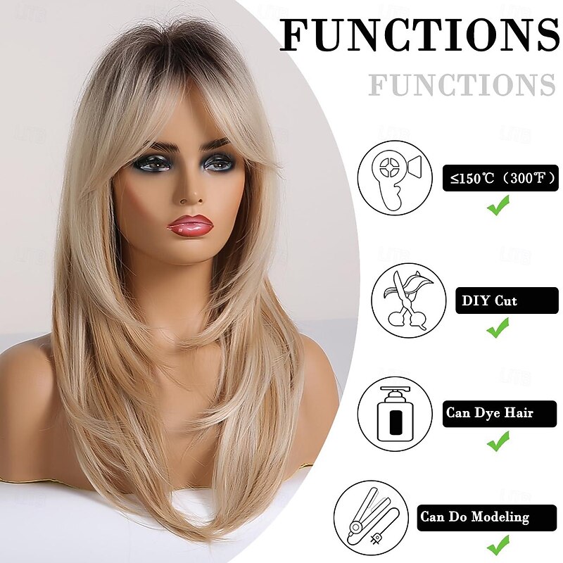 Ombre Blonde Brown Wine Red Wig with Bangs Natural Medium Length Straight Wigs for Women Heat Resistant Fiber Synthetic Wigs for Daily Cosplay Halloween Wigs4