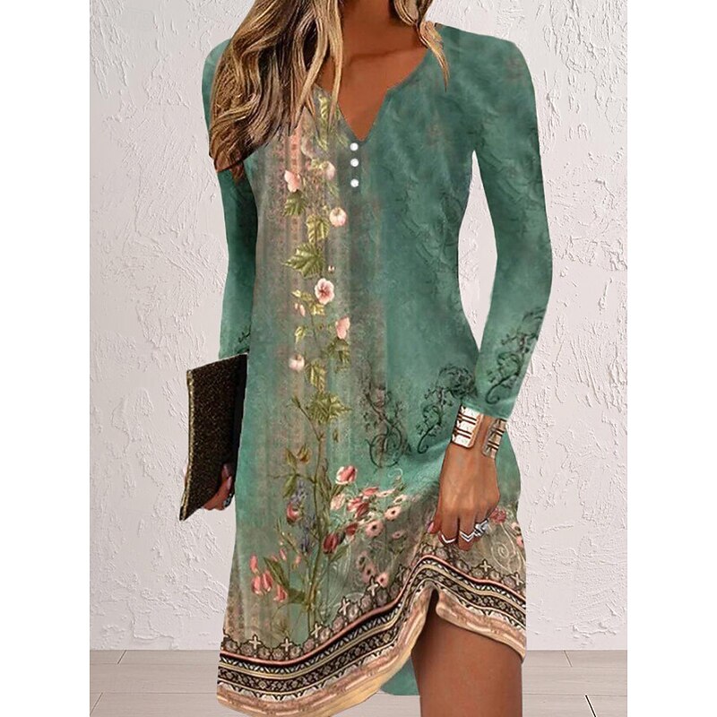 Women's Mini Dress Petite Dress Casual Dress Boho Dress Spring Dress Stylish Casual Vacation Daily Date Regular Fit Floral Long Sleeve Split Neck Blue Dark Green Orange Green Fall