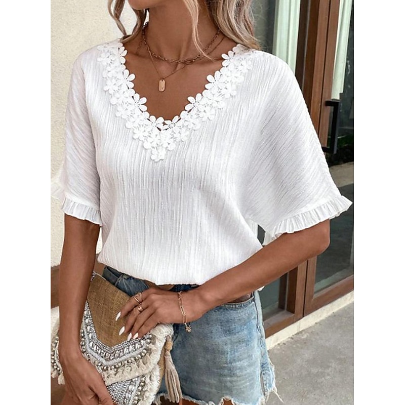 Women's White Elegant Lace Tops Eyelet Blouse Plain Lace Street Daily Fashion V Neck Regular Fit Romantic Petite Tops Summer Holiday Wear Semi Formal Blouses3