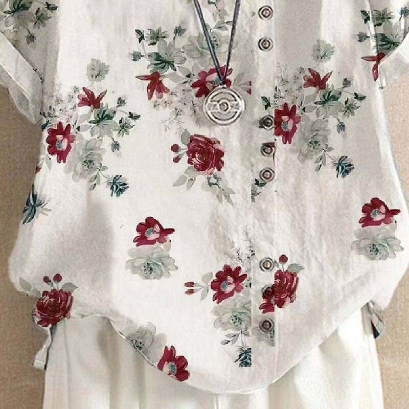 Women's Shirt Blouse Cotton Linen Shirts Floral Casual Short Sleeve Crew Neck Regular Tops Vacation Daily Buttons Print White Summer4