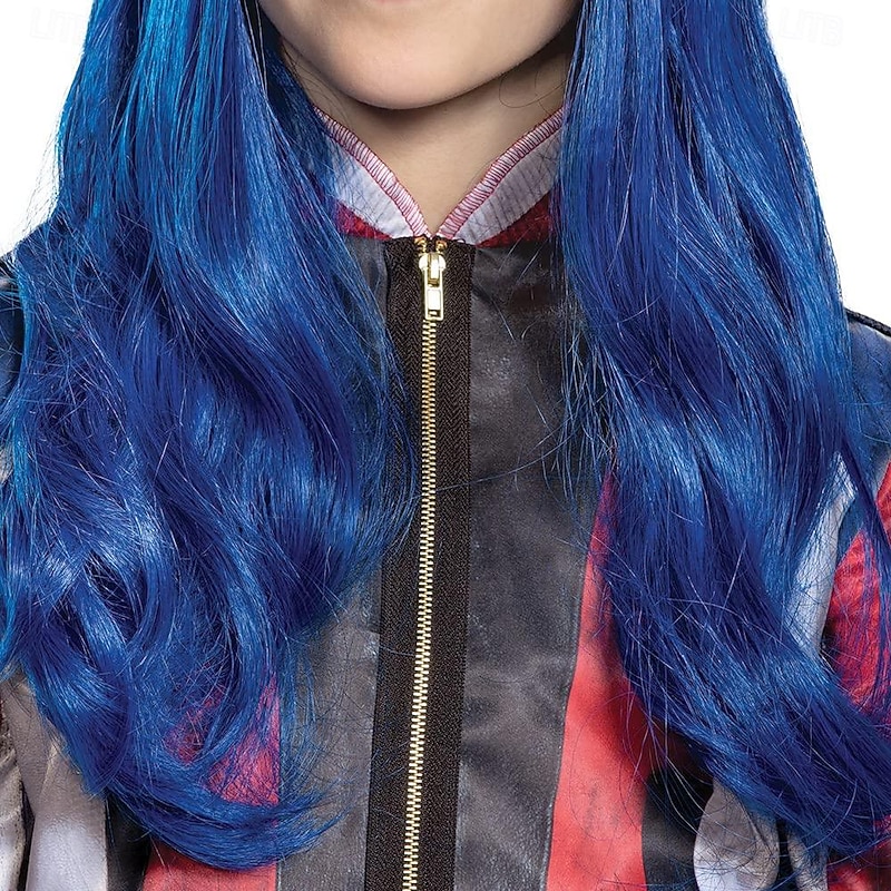 Synthetic Wig Descendants 3 Evie Wavy Asymmetrical Wig Short Blue Synthetic Hair Girls' Halloween Cosplay Party Wigs4