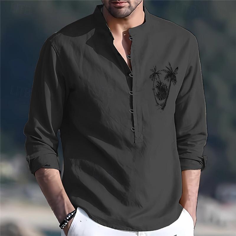 Men's Shirt Linen Shirt Minimalist Aloha Shirt Chinese Collar Shirt Mandarin Collar Shirt Popover Shirt Coconut Tree Vacation Hawaiian Black Blue Long Sleeve Stand Collar Spring &  Fall Clothing