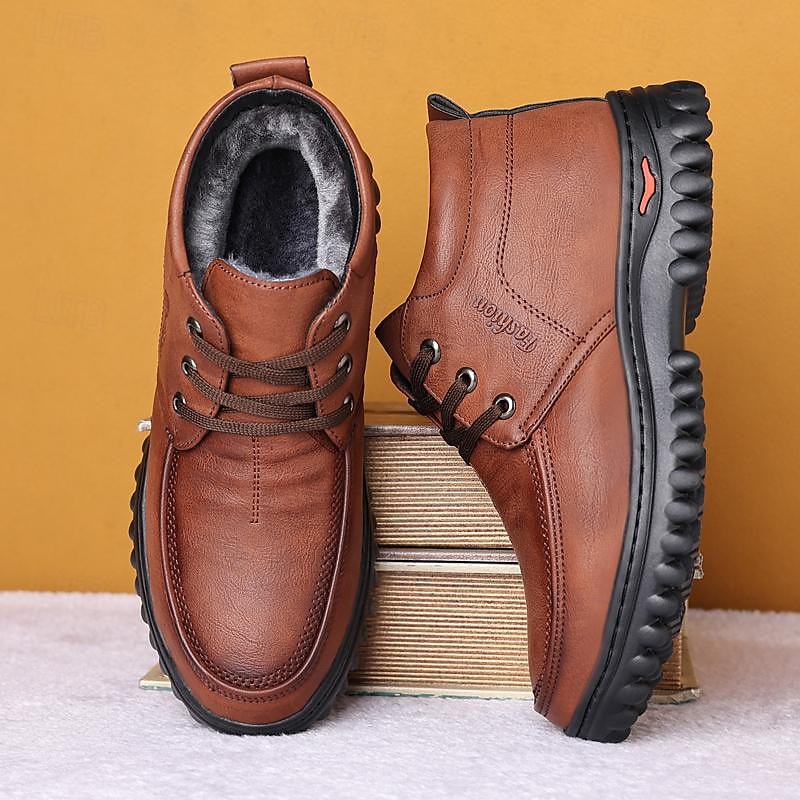 Men's Brown Faux Leather Winter Boots with Warm Plush Lining, Lace-Up Ankle Boots with Non-Slip Sole for Outdoor and Casual Wear2