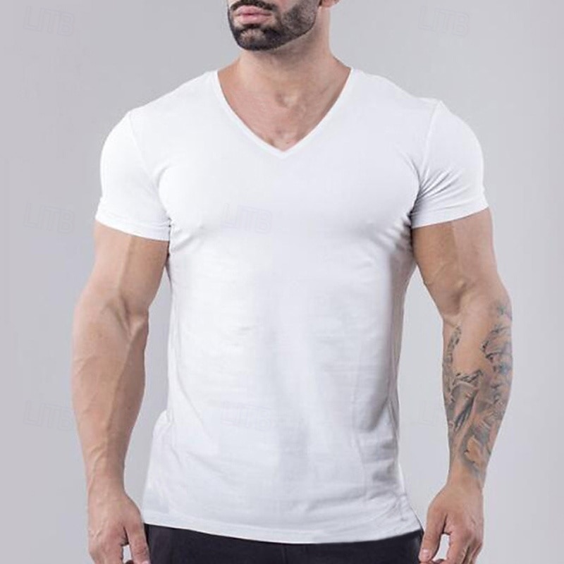 Men's Short Sleeve V Neck Summer Solid Colored Outdoor Casual Athleisure Dark Gray Black White Top Tee for Men
