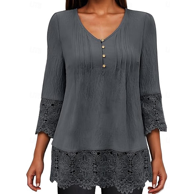 Women's White Elegant Lace Tops Eyelet Blouse Stylish Casual Solid Color Lace Buttons 3 4 Length Sleeve Regular Tops V Neck Daily Romantic Petite Tops Summer Holiday Wear White Pink Blue Gray Spring3