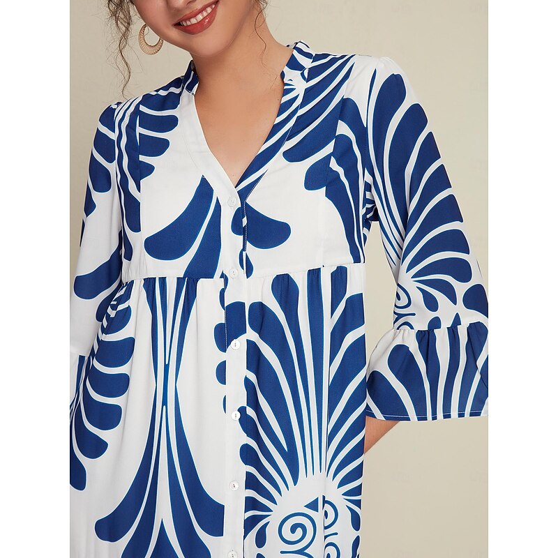 Chiffon Folk Print 3/4 Length Sleeve V Wire Maxi Dress3