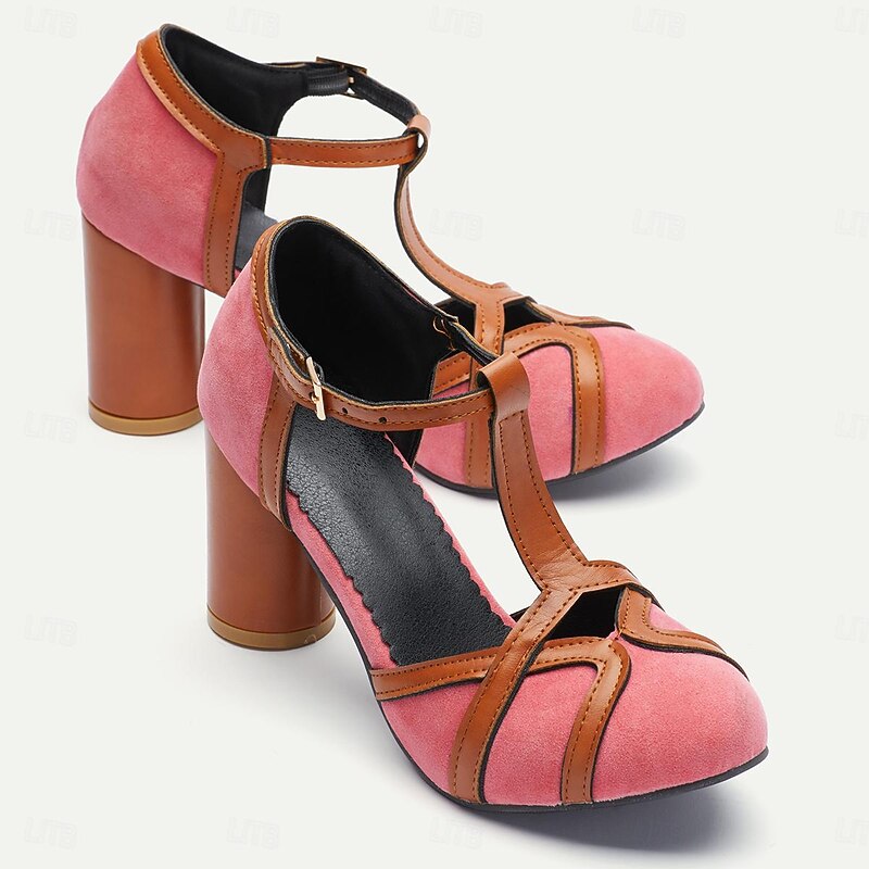 Women's Elegant Pink and Brown Suede T-Strap Chunky Heel Pumps for Vintage and Retro Style