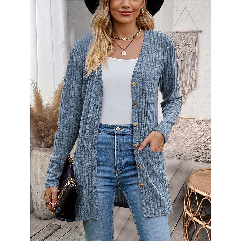 Women's Textured Jackets Cardigan Casual Solid Color Plain Ribbed Asymmetrical V Neck Pocket Buttons Twisted Long Sleeve Regular Tops Knit Daily Wine Army Green Spring Fall4