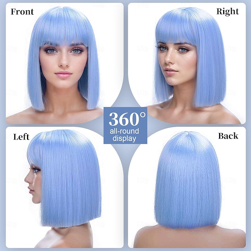 Light Blue Bob Wig with Bangs Short Straight Blue Wig for Women Shoulder Length Wigs Colorful Synthetic Wig for Daily Use Party Cosplay 12Inch Halloween Wigs2