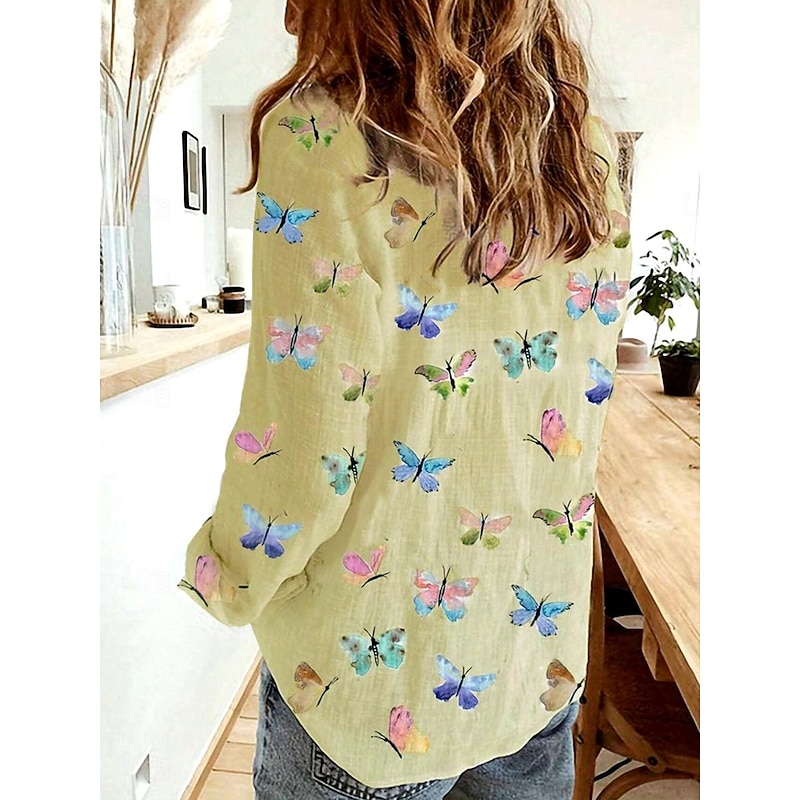Women's Shirt Button Down Tunic Shirt Collar Long Sleeve Elegant Stylish Butterfly Print Daily White Yellow Spring Fall4
