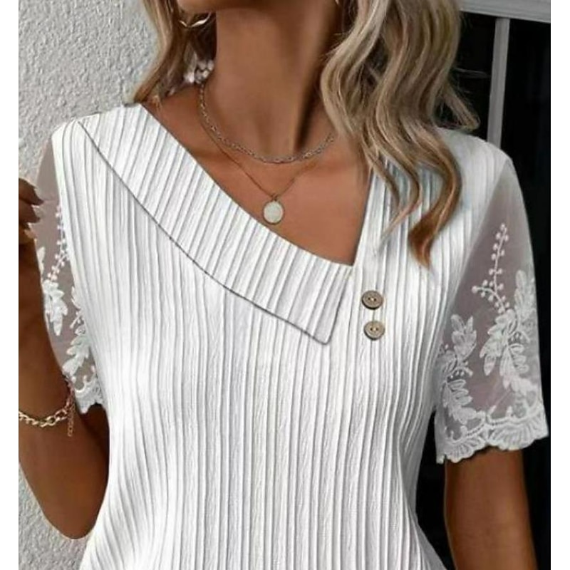Women's White Elegant Lace Tops Eyelet Blouse Dressy Tops Lace Buttons Short Sleeve Asymmetrical Daily Romantic Petite Tops Summer Holiday Wear White Pink Blue Semi Formal Blouses3