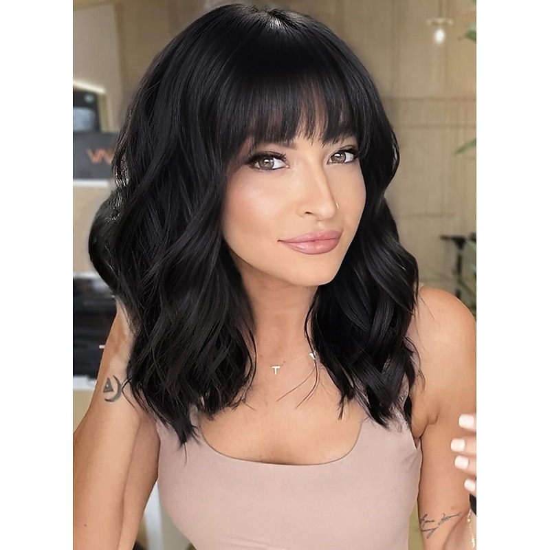 Bob Curly Wig Synthetic Short Black Wig with Bangs Natural Looking Heat Resistant Fiber Hair for Women