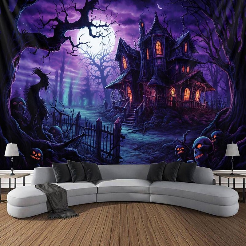 Halloween Decorations Hunted House Blacklight Tapestry UV Reactive Glow in the Dark Misty Graveyard Hanging Tapestry Wall Art Mural for Living Room Bedroom