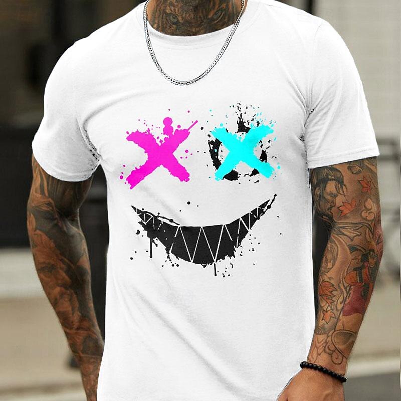 Men's Edgy X-Eye Smiley Face Splatter Graphic Short Sleeve Loose Fit Crew Neck T-Shirt