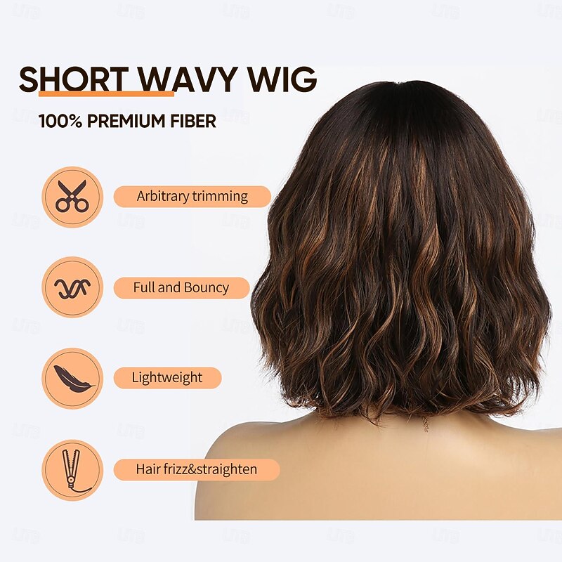 Short Brown Highlight Wigs for Women Ombre Dark Brown Mixed Gold Wig Highlights with Bangs Medium Length Synthetic Hair Wavy Bob Wig Colorful Wigs Halloween Wigs4