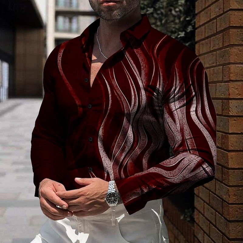 Men's Geometric Pattern Line Button Up Shirt Printed Shirts Long Sleeve Business Casual Formal Daily Fall Winter Spring & Summer Turndown Collared Shirts Buttons Print Black White Red Black-white4