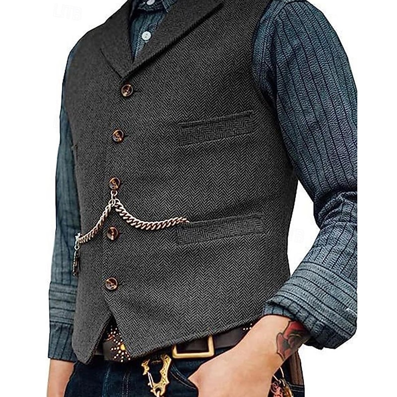 Men's Vest Gilet Wedding Event / Party Daily Fashion Business Spring & Summer Button Pocket Thick Chain Polyester Comfortable Plain Single Breasted One-button Lapel Regular Fit Black Burgundy Navy