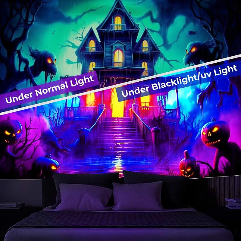 Halloween Haunted House Backdrop, 3D Archway Haunted Castle Entrance Wall Tapestry, UV Reactive Blacklight Wall Hanging, Glow in the Dark Spooky Mural for Living Room & Bedroom Wall art Decor2
