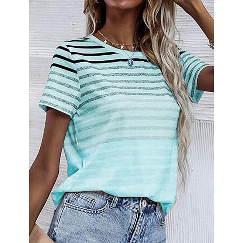 Women's T Shirt Casual Striped Print Short Sleeve Regular Tops Crew Neck Daily Pink Blue Purple Summer4