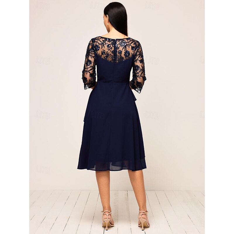 Women'sWedding Guest Cocktail Dress Chiffon Ruffle Party Elegant Formal Crew Neck Flared Sleeve Dark Blue Color2