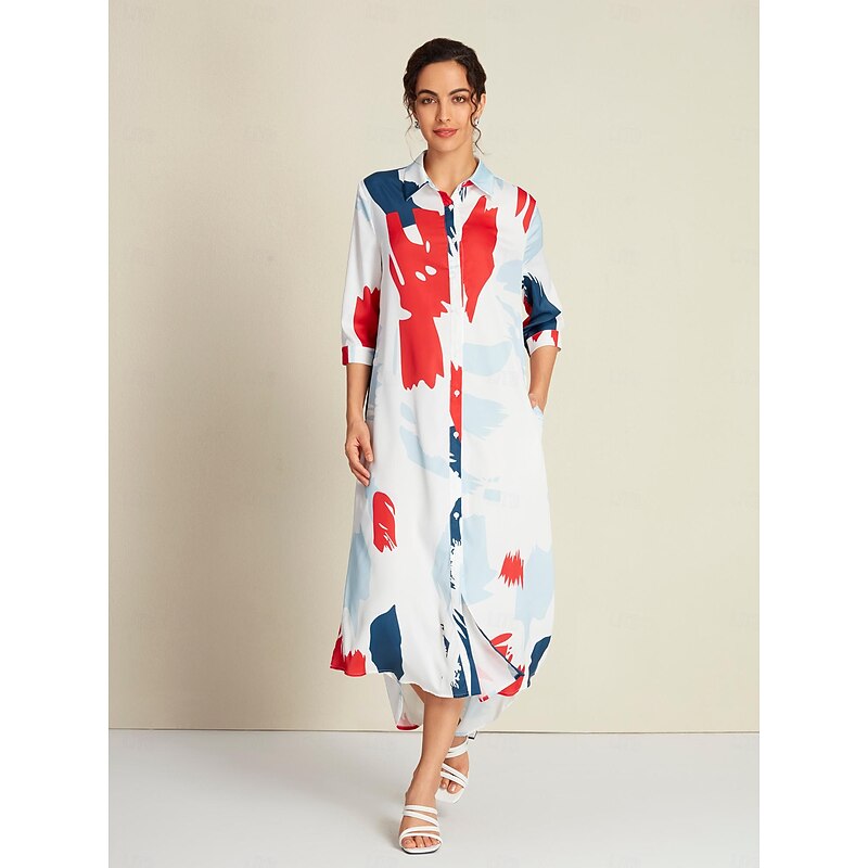 Satin Rainbow Block Pattern Maxi Shirt Dress