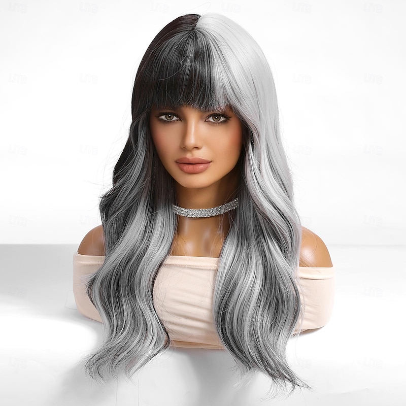 Synthetic Wig Uniforms Career Costumes Princess Curly Wavy Middle Part Layered Haircut Machine Made Wig 26 inch Black-white Synthetic Hair Women's Cosplay Party Fashion Natural Black4