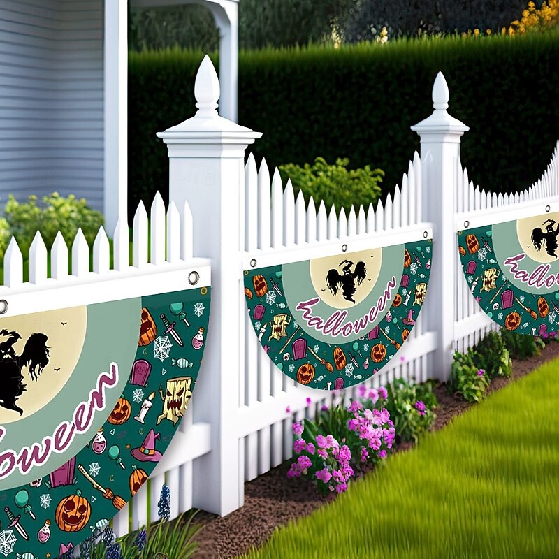 Halloween Decorations Flag Bunting Half Fan Flag Halloween Yard Hanging Bunting Flag Banner with Grommets for Porch Yard Outdoor Festival Patio Lawn Garden Party Decor2
