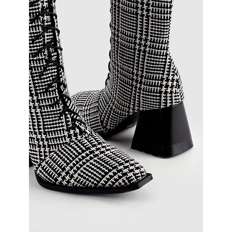 Women's Vintage Black and White Plaid Lace-Up Knee-High Boots with Block Heel for Casual Fall and Winter Fashion4