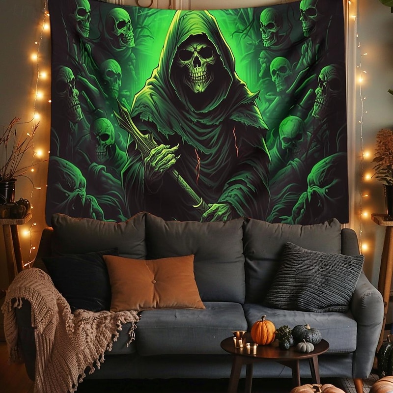 Halloween Decorations Green Skulls Hanging Tapestry Wall Art Large Tapestry Mural Decor Photograph Backdrop Blanket Curtain Home Bedroom Living Room2
