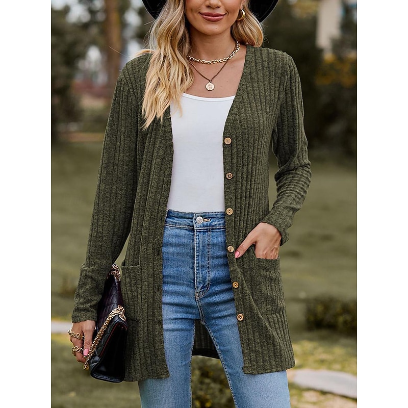 Women's Textured Jackets Cardigan Casual Solid Color Plain Ribbed Asymmetrical V Neck Pocket Buttons Twisted Long Sleeve Regular Tops Knit Daily Wine Army Green Spring Fall 5