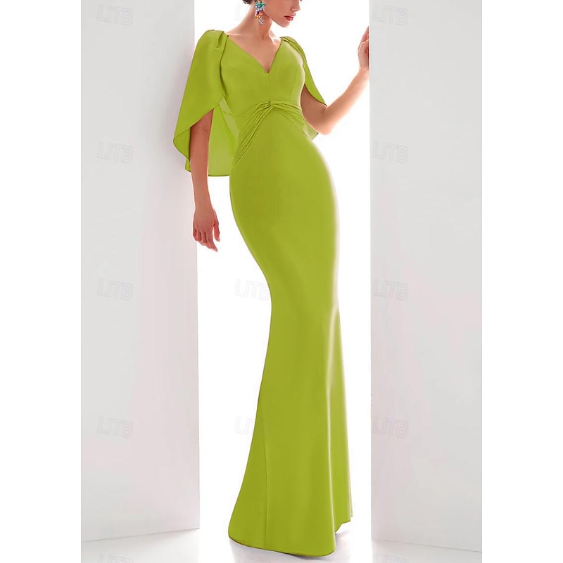 Sheath Evening Gown Elegant Dress Formal Fall Floor Length Short Sleeve V Neck Stretch Chiffon with Ruched Ruffles4