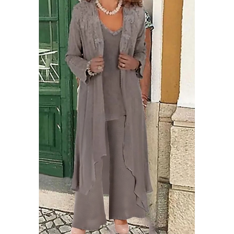Beach Wedding Pantsuit 3 Piece Mother of the Bride  Wedding Guest Elegant Party V Neck Floor Length Lace Linen Cotton Blend Sleeveless Jacket es with Beading Appliques2