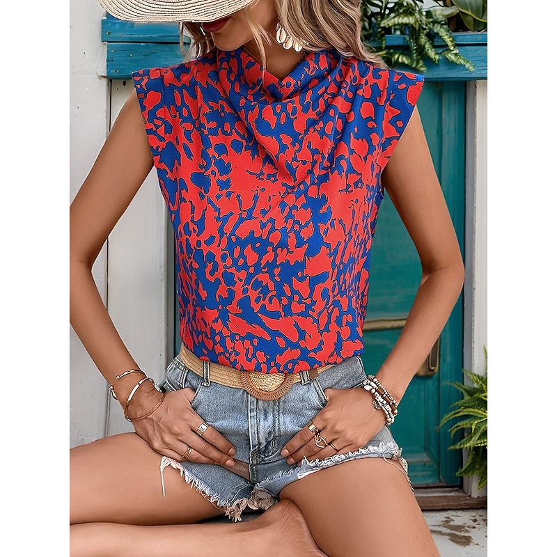 Women's Shirt Blouse Casual Print Short Sleeve Regular Tops Crew Neck Vacation Daily Orange Summer2