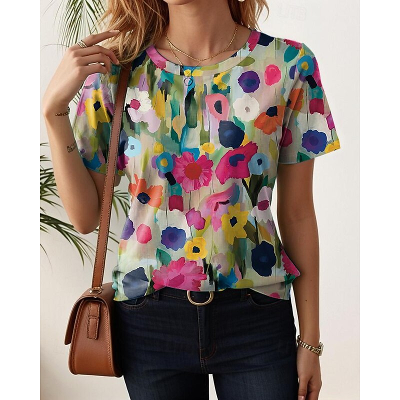 Women's T Shirt Floral Color Block Stylish Casual Short Sleeve Crew Neck Regular Tops Daily Print White Pink Blue Green Rainbow Summer