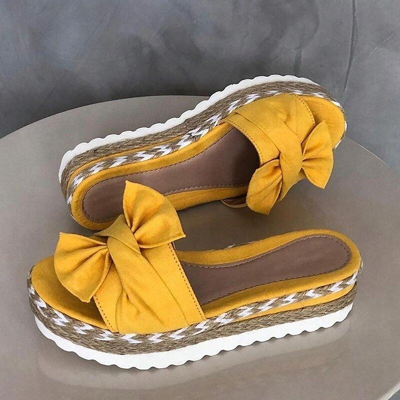 Yellow Women's Platform Sandals with Bow Detail and Woven Espadrille Sole for Stylish Summer Wear3