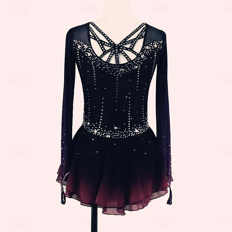 Figure Skating Dress Women's Girls' Ice Skating Dress Black Red Thumbhole Halo Dyeing Mesh Spandex Stretchy Training Practice Professional Skating Wear Thermal Warm Classic Crystal / Rhinestone Long2
