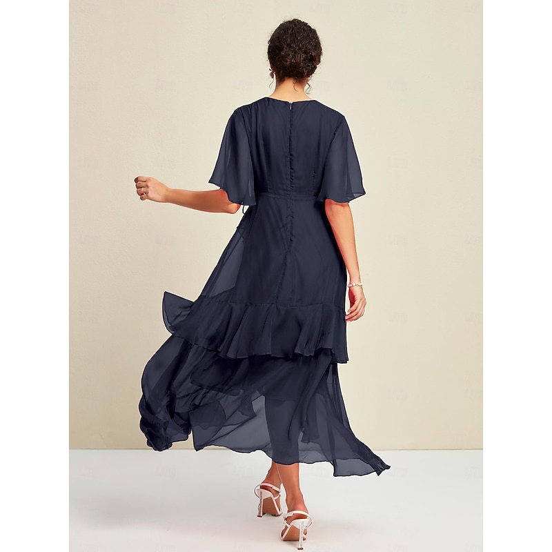 Women's Maxi Dress Chiffon Solid Mismatched Ruffle Sleeve Wedding Guest Elegant Spring Summer Fall3