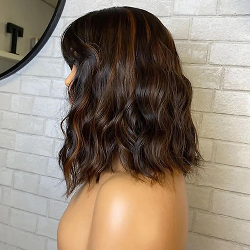 Remy Human Hair 13x4 Lace Front Wig Short Bob Neat Bang Brazilian Hair Wavy Multi-color Wig 130% 150% Density Highlighted / Balayage Hair 100% Virgin Glueless Pre-Plucked For Women Long Human Hair3