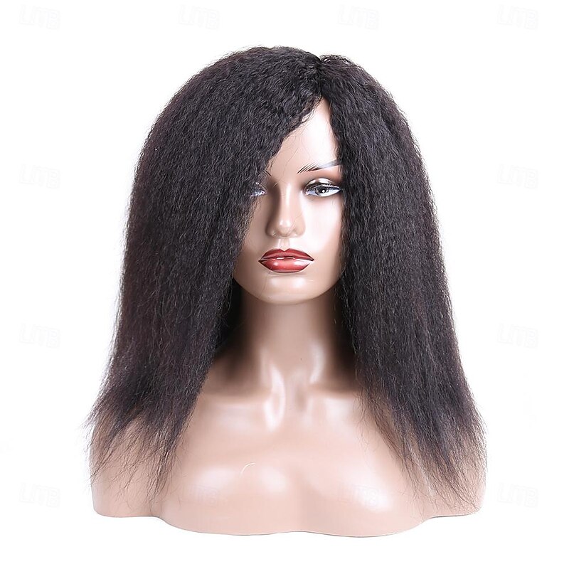 Human Hair Wig Short Medium Length kinky Straight Yaki Straight Side Part With Bangs Black Natural Color Natural Black Women Adjustable Thick Machine Made Capless Brazilian Hair All Natural Black #1B2