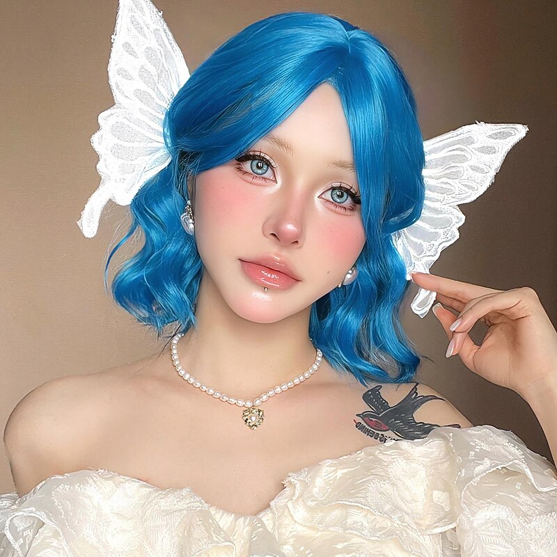 Synthetic Wig Uniforms Career Costumes Princess Curly Wavy Middle Part Layered Haircut Machine Made Wig 12 inch Royal Blue Synthetic Hair Women's Cosplay Party Fashion Blue4