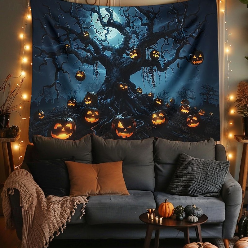 Halloween Decorations Hanging Tapestry Jack O Lantern Pumpkin Tree Wall Art Large Tapestry Mural Decor Photograph Backdrop Blanket Curtain Home Bedroom Living Room4