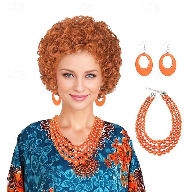 Women Rope Short Curly Red Orange Wig with Orange Oversized Jewelry Set Carnival Party Wig Outfit Halloween Wigs