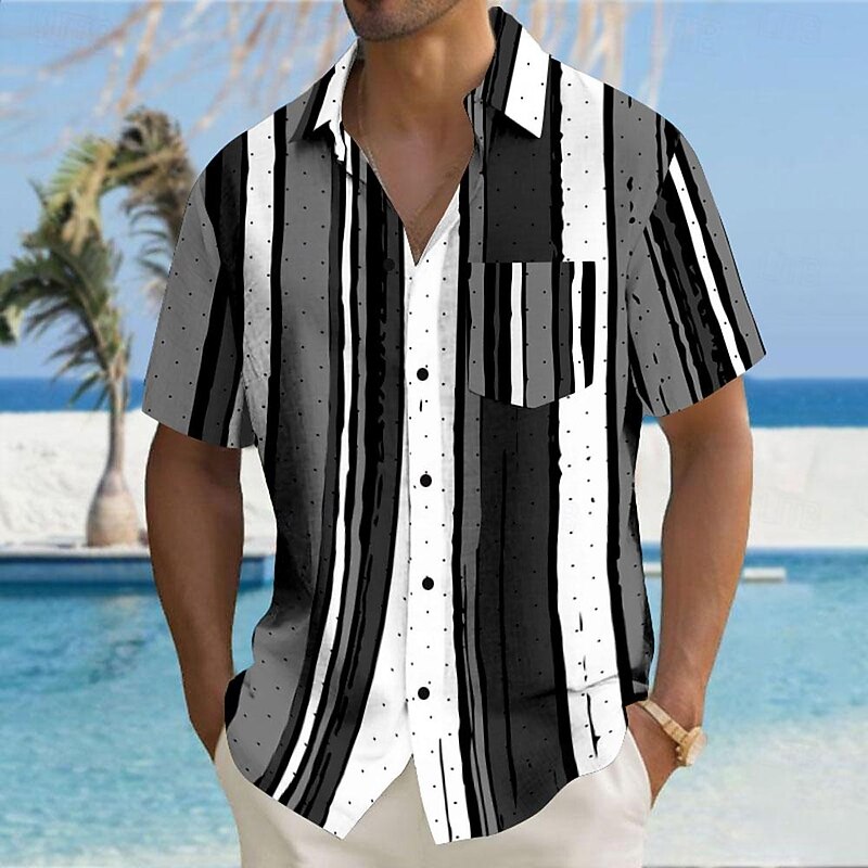 Men's Striped Geometric Pattern Button Up Shirt Printed Shirts Short Sleeve Hawaiian Resort Outdoor Business / Ceremony / Wedding Summer Turndown Print Button-Down Yellow Pink Blue Gray4