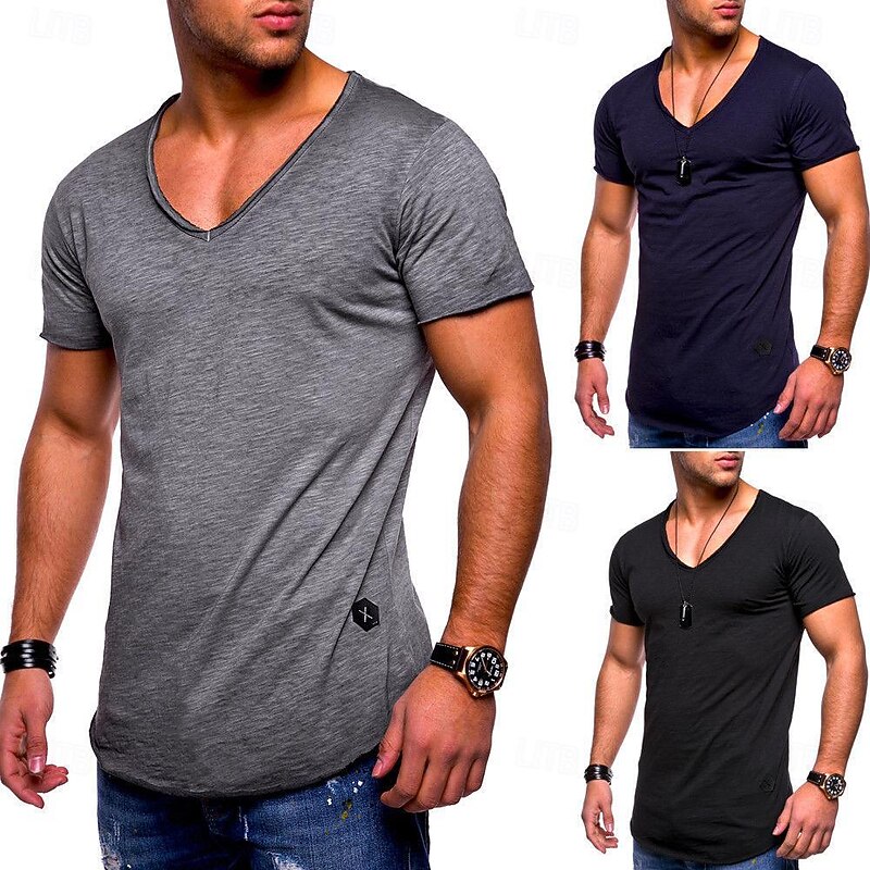 Men's T shirt Short Sleeve Solid Color V-neck Casual Daily Tops Basic Casual / Summer3